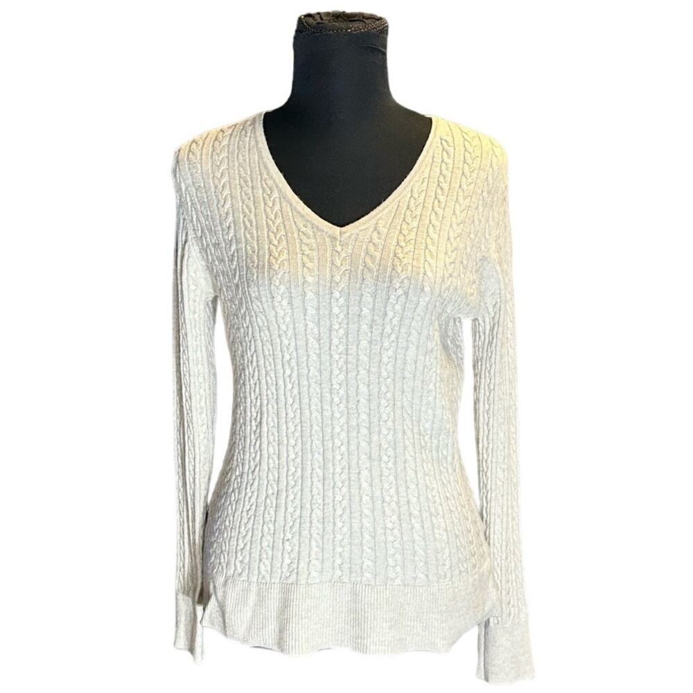 Hawthorne Light Tan Cable Knit V-Neck Sweater Size M